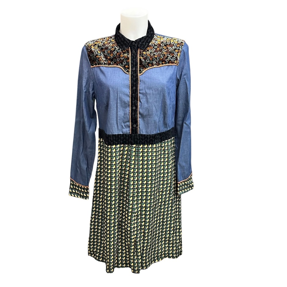 0039 Italy Printed Velour Chambray Mixed Media LongSleeve Shift Dress ‎ Medium